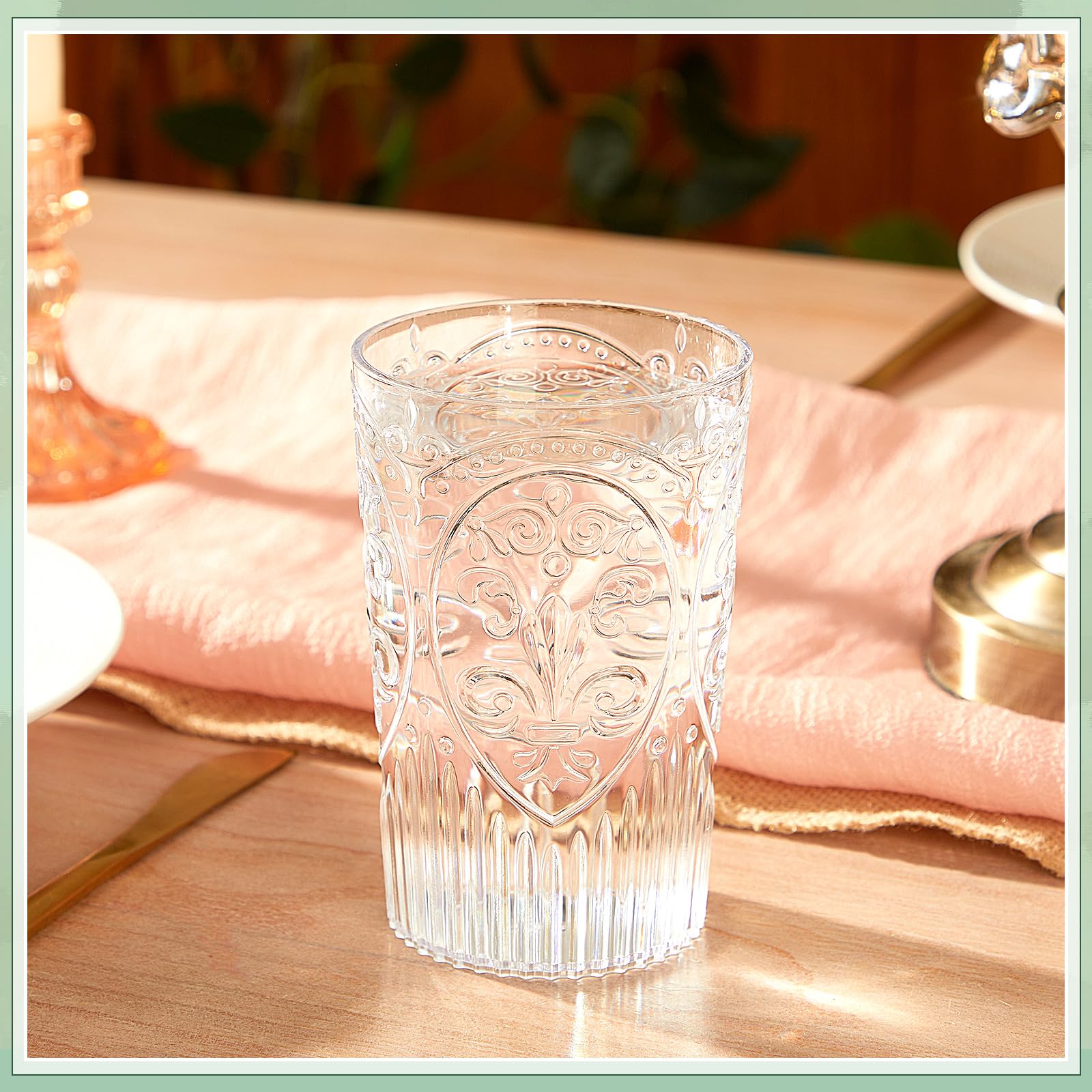 Acellegic Plastic Vintage Drinking Glasses - 16 oz Stemless Ribbed Highball Glasses Bulk Embossed Reusable Cups for Water Beer Cocktails Juice Wedding Bridal Shower Birthday Event Party(Clear,24 Pcs)