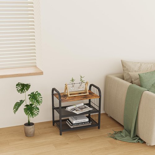 BWOORACKU 3-Tier Shoe Rack with Guardrails, Heavy-Duty Metal Mesh Shelves & Rustic Wooden Top - Space-Saving Organizer for Closet, Entryway, and Hallway (Holds 1-2 Pairs/Shelf)