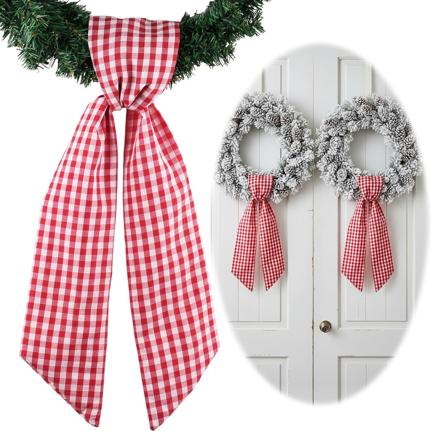 Regine Switzerland Wreath Sash 2-Pack - Red White Checkered Plaid Bow Ribbon for Holiday Decor (5.12" x 54.33")