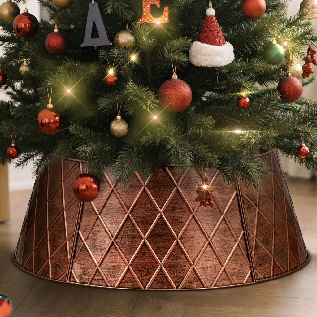 Lanpn Metal Christmas Tree Collar 24 inch, Christmas Tree Ring Collar for Small Mini Pencil Xmas Stand Cover Real Artificial Trees Indoor Outdoor Decoration (Copper, Diamond)