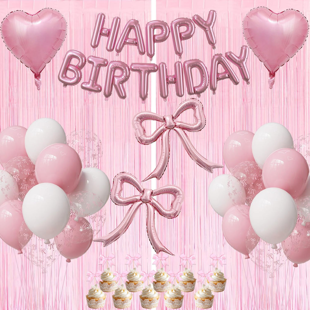 Pink Bow Birthday Party Decorations Kit with Bows Happy Birthday Balloon Banner, Pastel Pink Fringe Backdrop, Heart Balloons and Cake Toppers – Coquette Decor for Girls & Women
