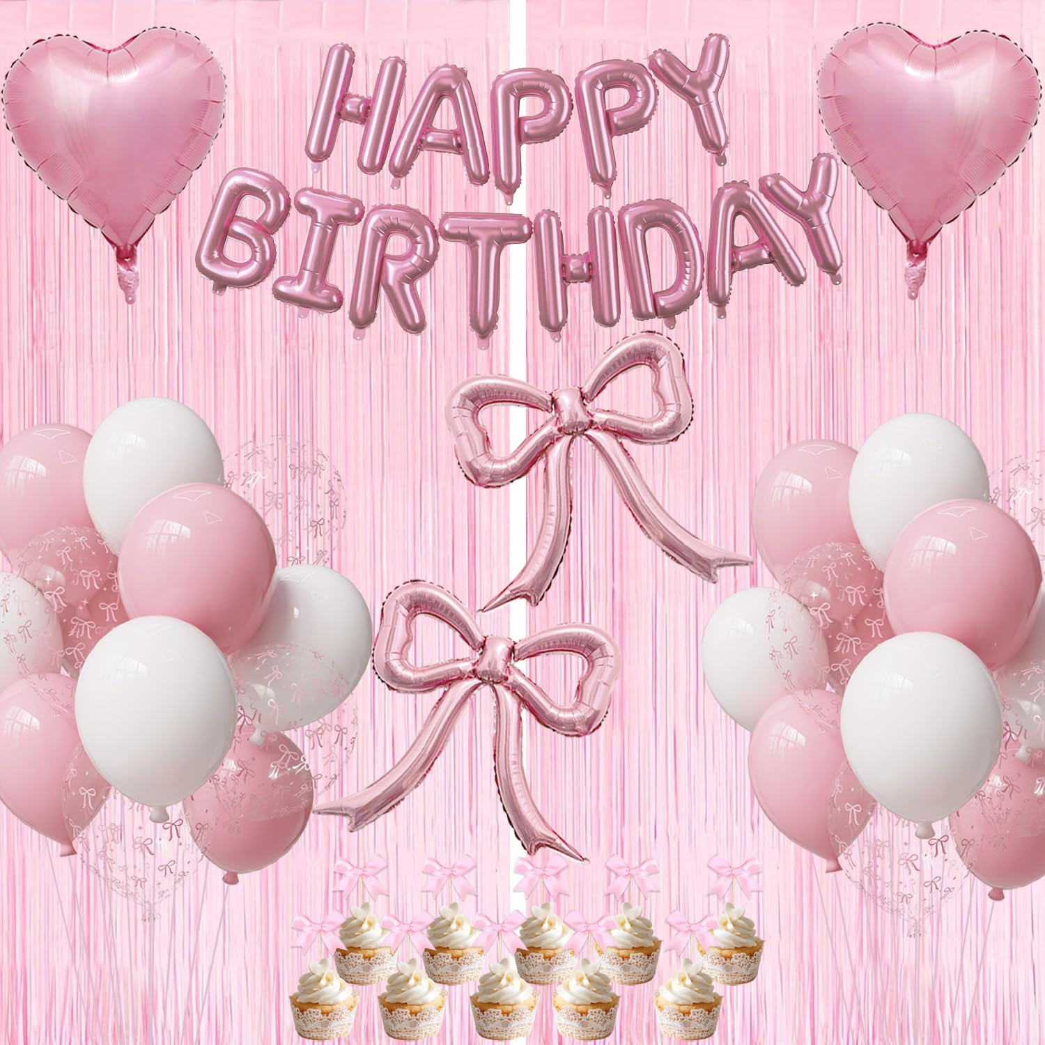 Pink Bow Birthday Party Decorations Kit with Bows Happy Birthday Balloon Banner, Pastel Pink Fringe Backdrop, Heart Balloons and Cake Toppers – Coquette Decor for Girls & Women