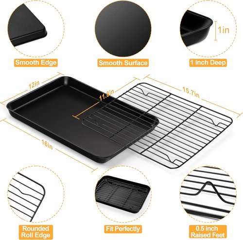 E-far Nonstick Baking Sheet Set - Heavy-Duty Cookie Sheets with Cooling Racks | 16 x 12 Inch, Easy Clean