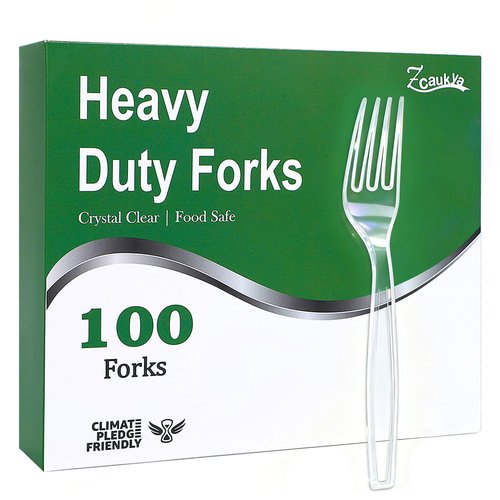 Zcaukya 100 Count Disposable Plastic Forks Set, Clear Plastic Forks Bulk, Heavy Duty Solid Utensils for Parties, Catering, and Everyday Use