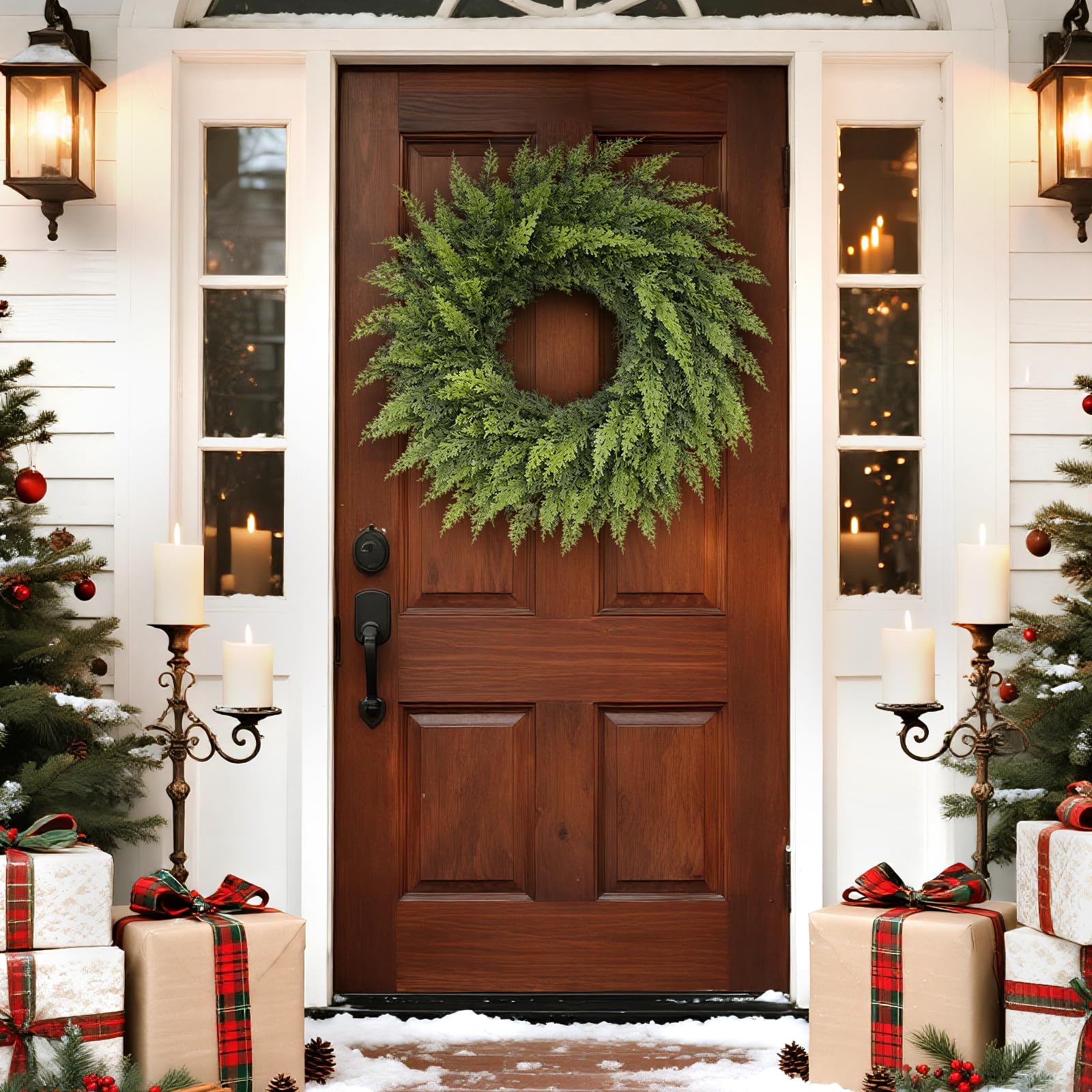 24" Soft Textured Christmas Cedar Wreath - Artificial Cedar Wreaths Faux Green Fake Pine Needles Wreath for Front Door, Wall, Windows, Home,Outdoor,Xmas Decor