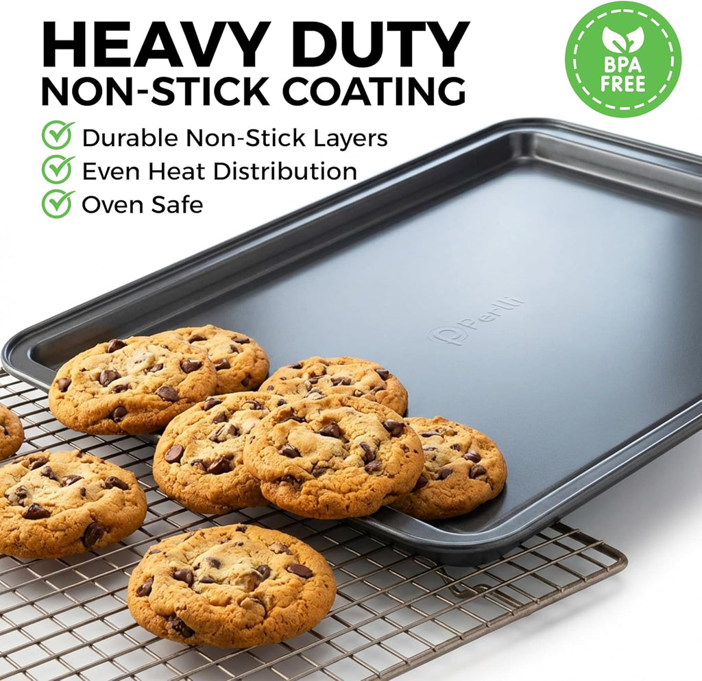 PERLLI Non-Stick Baking Pan Set - 3-Piece Carbon Steel with Even Heat Distribution, Oven Safe to 446°F | Gray