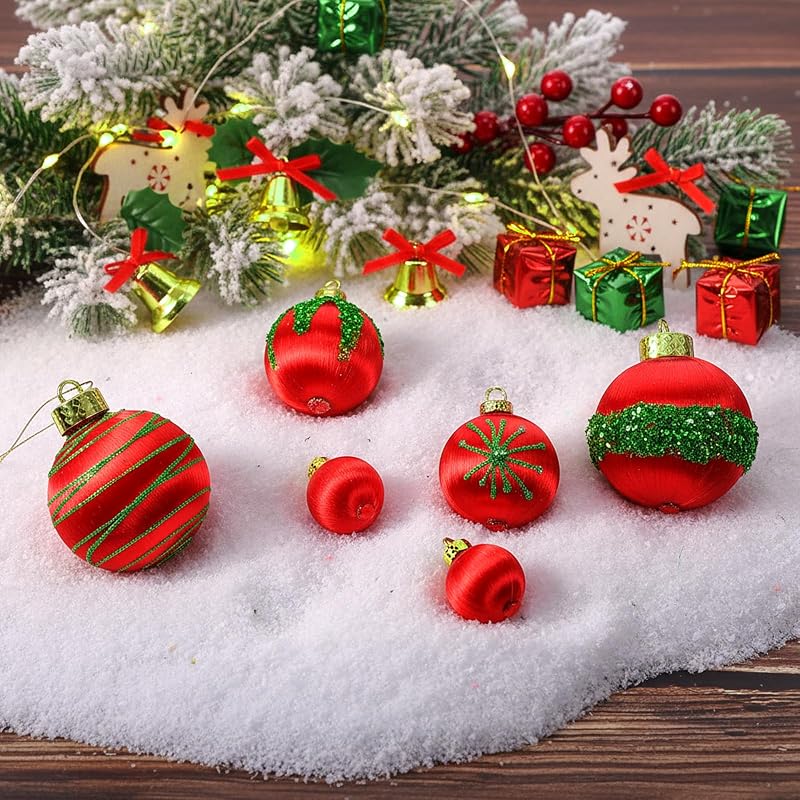 Poen 24-Piece Red & Green Christmas Ornaments Set - Satin Silk Finish, 3 Sizes (1.6/2.4/3.2 in) - Includes Hanging Ropes