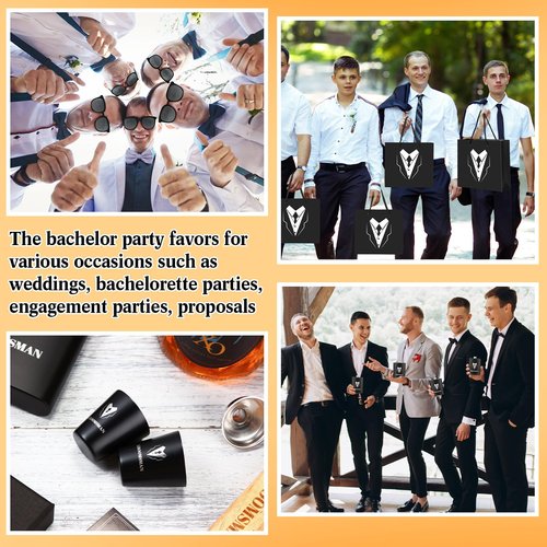 Layhit 80 Pcs Groomsmen Gifts Set of 8, Groomsmen Proposal Gift Set, 8 Flask and 16 Stainless Steel Shot Glass 8 Wood Bottle Opener 8 Pen 8 Sunglasses with 8 Card 8 Box 8 Bag for Wedding Party