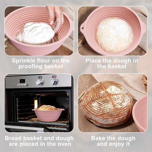 2-Pack All-in-One Silicone Bread Proofing Baskets for Sourdough, Foldable Proofing & Baking Bowls with Dual Handles & Built-In Reinforced Rim, Oven & Dishwasher Safe, BPA-Free (Green+Pink)