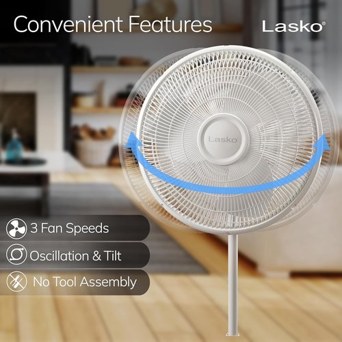 Lasko 2520 Oscillating Stand Fan - 16 Inch White Design for Enhanced Airflow and Comfort