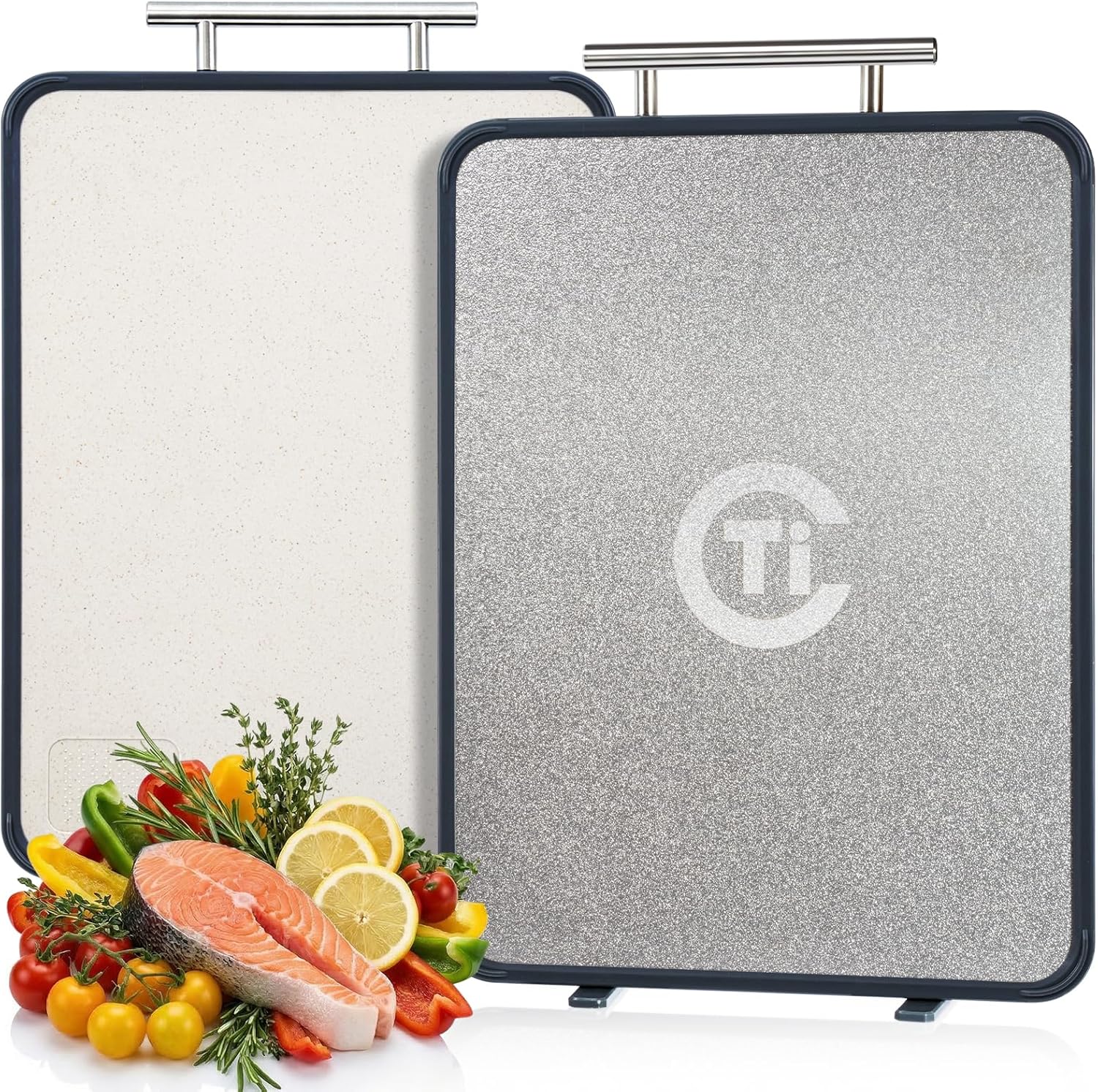 Titanium Cutting Board - Double-Sided Food-Grade Board with Stand | Textured Titanium for Meat & PP for Veggies (14.5” x 11”)