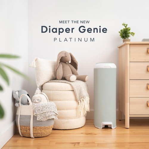 Diaper Genie Platinum Pail - Durable Stainless Steel | Sage Green with 1 Easy Roll Refill & 18 Bags