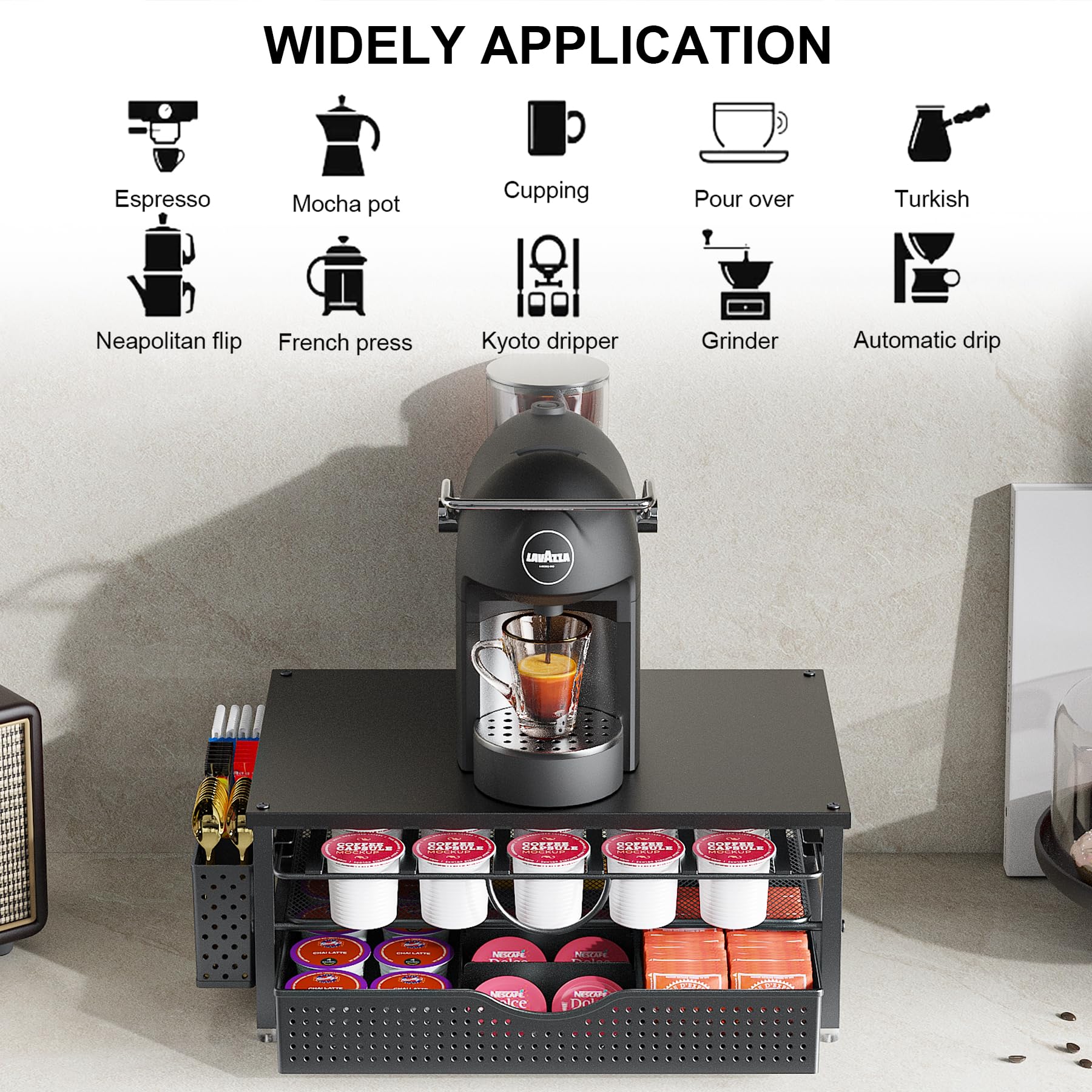 K Cup Holder, Coffee Pod Holder with 2 Tier Sliding Storage Drawer and 1 Hanging Basket for 51 Large or 73 Small Capsule,K Cup Coffee Station Organizer Accessories for Counter,Home,Office,Kitchen
