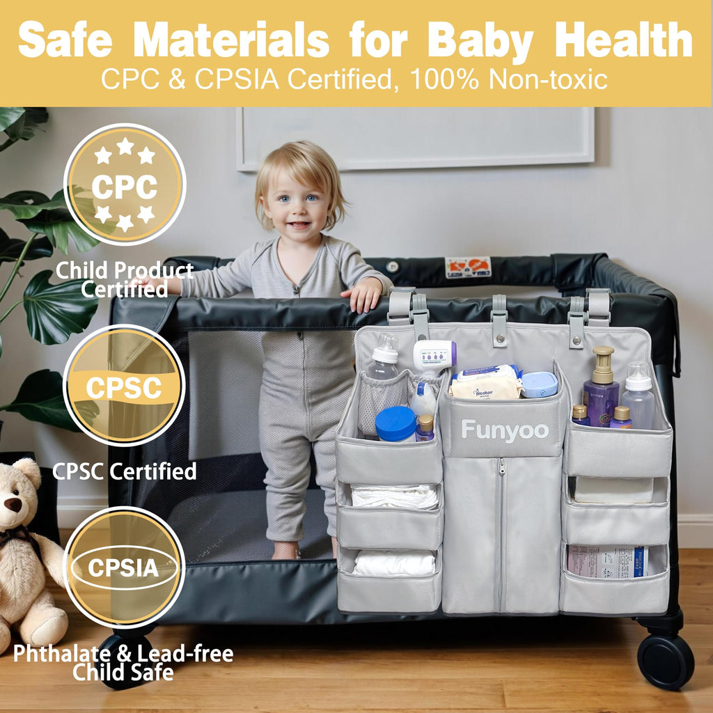 Funyoo Baby Hanging Diaper Organizer for Changing Table and Crib - Holds 70+ Diapers & Essentials, Heavy Duty Stacker Storage for Playard, 22.4" L x 18.1" W x 5.9" H