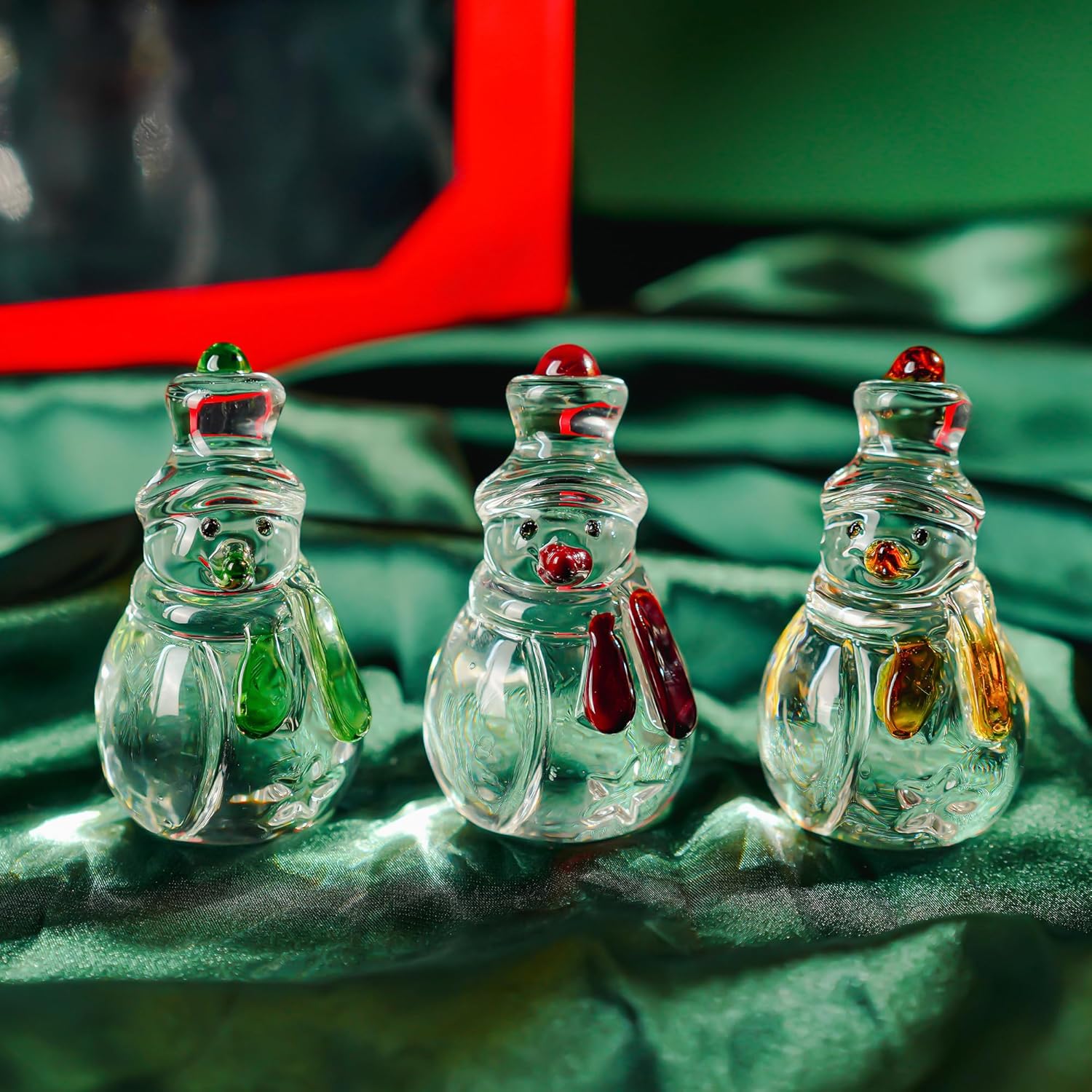 Skiennix Glass Snowman Figurines - Handmade Christmas Decorations | Set of 3, 1.6'' x 4.2''