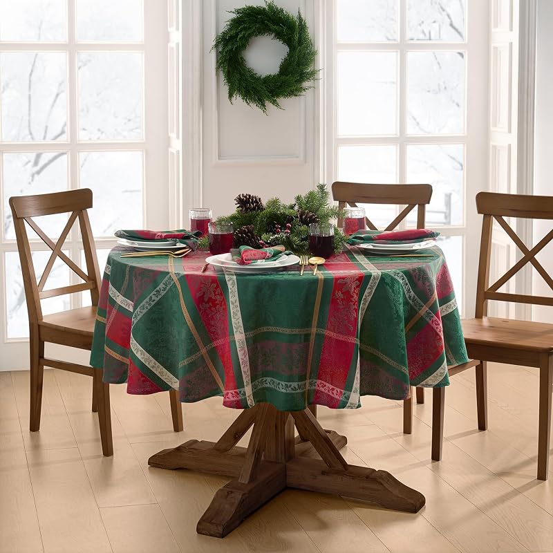 Merry and Festive Jacquard Tablecloth - 70in Round, Multicolor (Variation: Merry & Festive+70" Round)