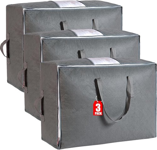 105L Extra Large Storage Bags - Organize Blankets, Bedding & Clothes | 4 Handles & Clear Window (Grey, 3-Pack)