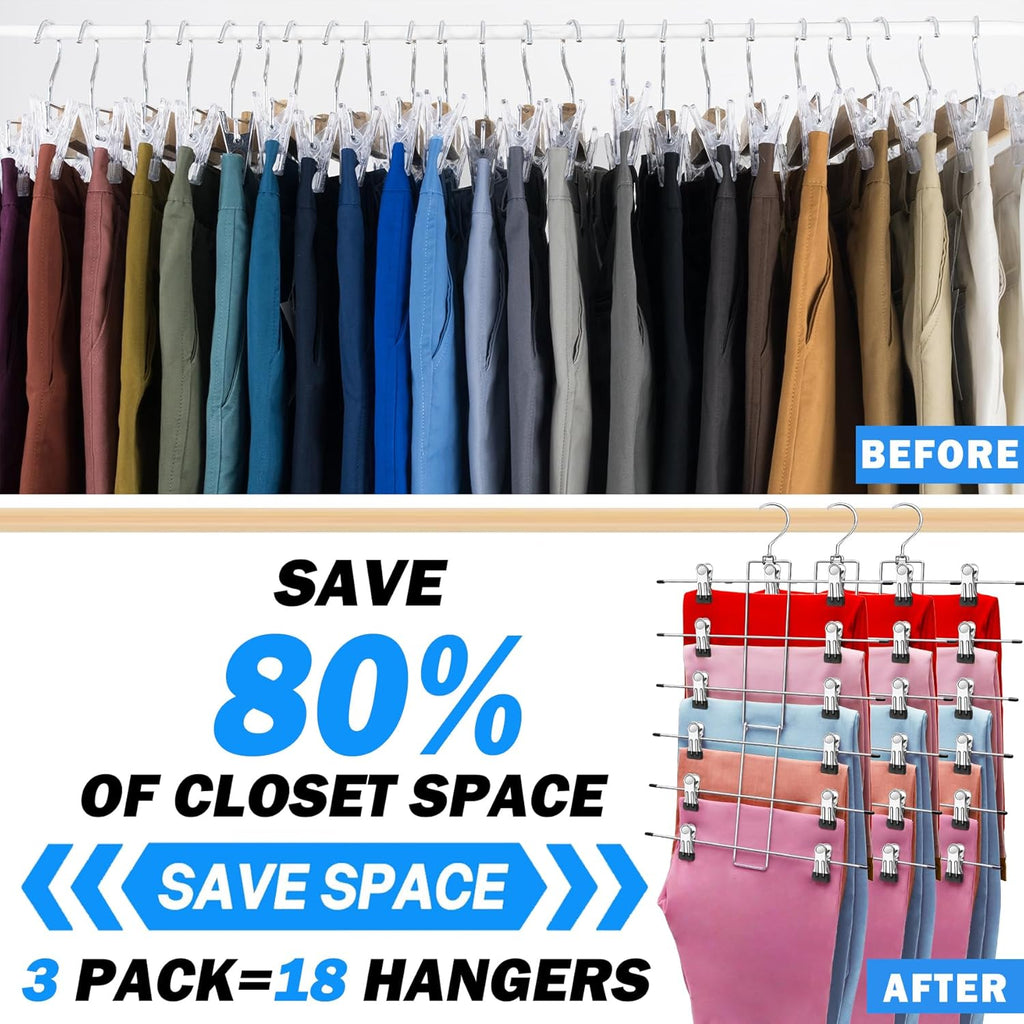 Skiennix 3-Pack Closet Organizers - 6-Tier Skirt & Pants Hangers with Clips | Space-Saving Storage for Home & Dorm