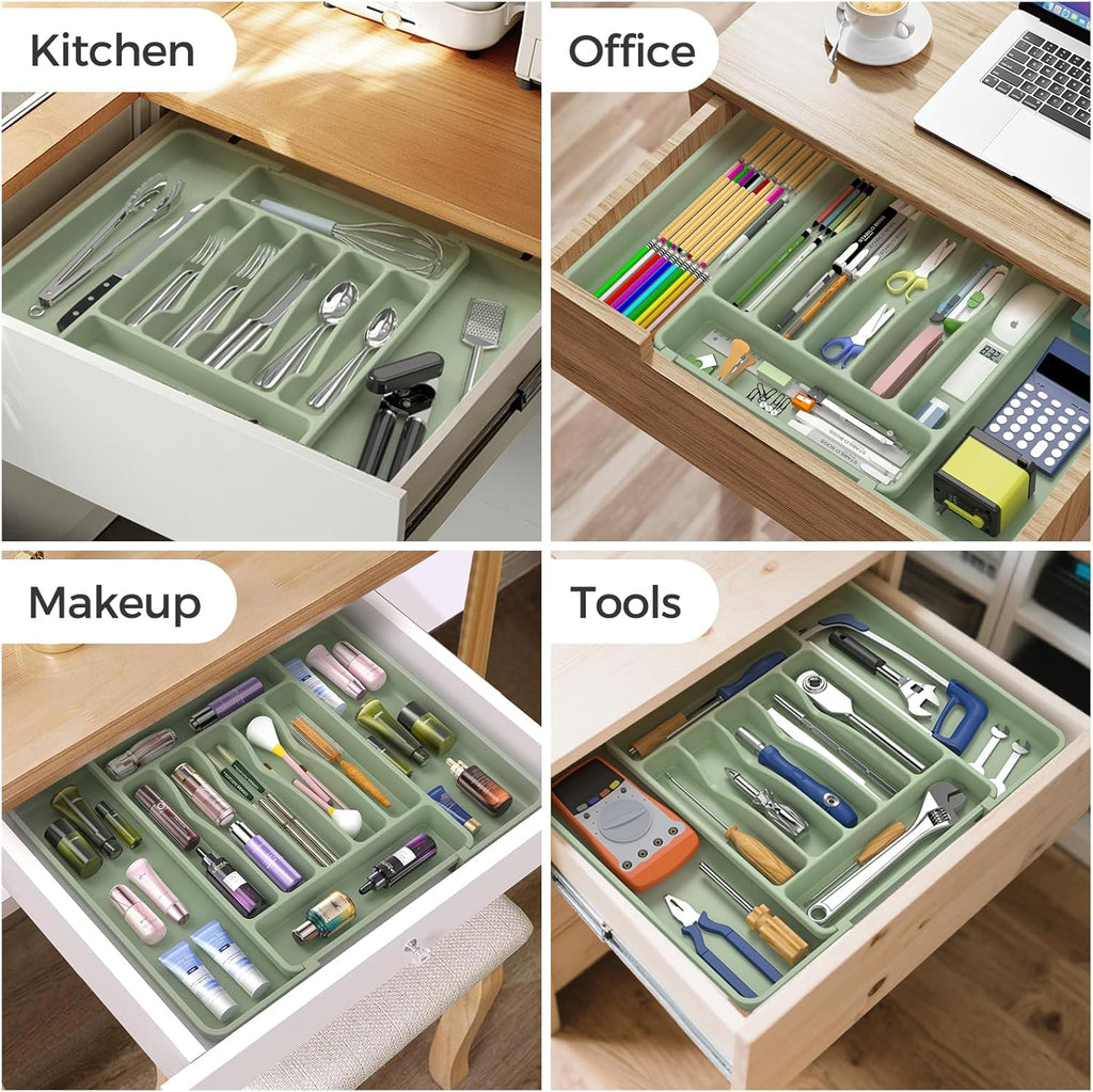 Ukeetap Extra Large Expandable Silverware Organizer - BPA-Free Cutlery Holder for Kitchen Drawers | Green