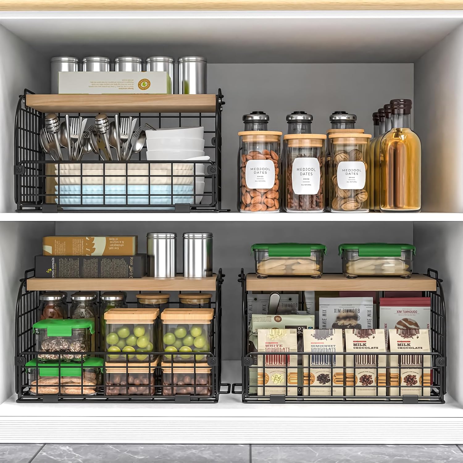 Skiennix Stackable Wire Baskets - Openable Top Kitchen Organizer for Fruits, Veggies & Snacks | 2 Set