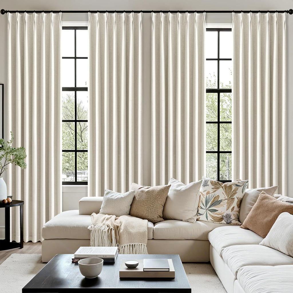 MIULEE 100% Blackout Linen Curtains - Natural Pinch Pleated Design, 84 Inches Long, 2 Panels for Bedroom & Living Room