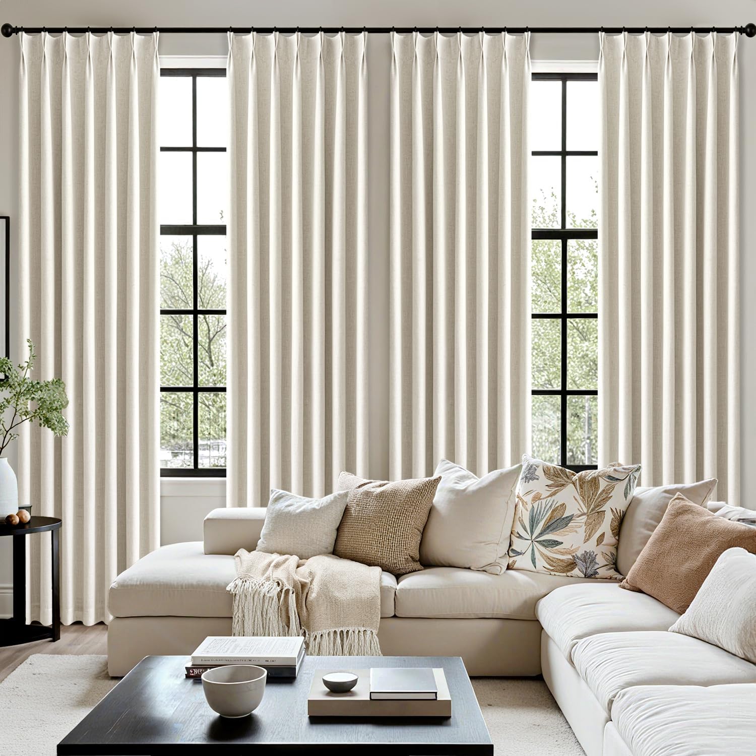 MIULEE 100% Blackout Linen Curtains - Natural Pinch Pleated Design, 84 Inches Long, 2 Panels for Bedroom & Living Room