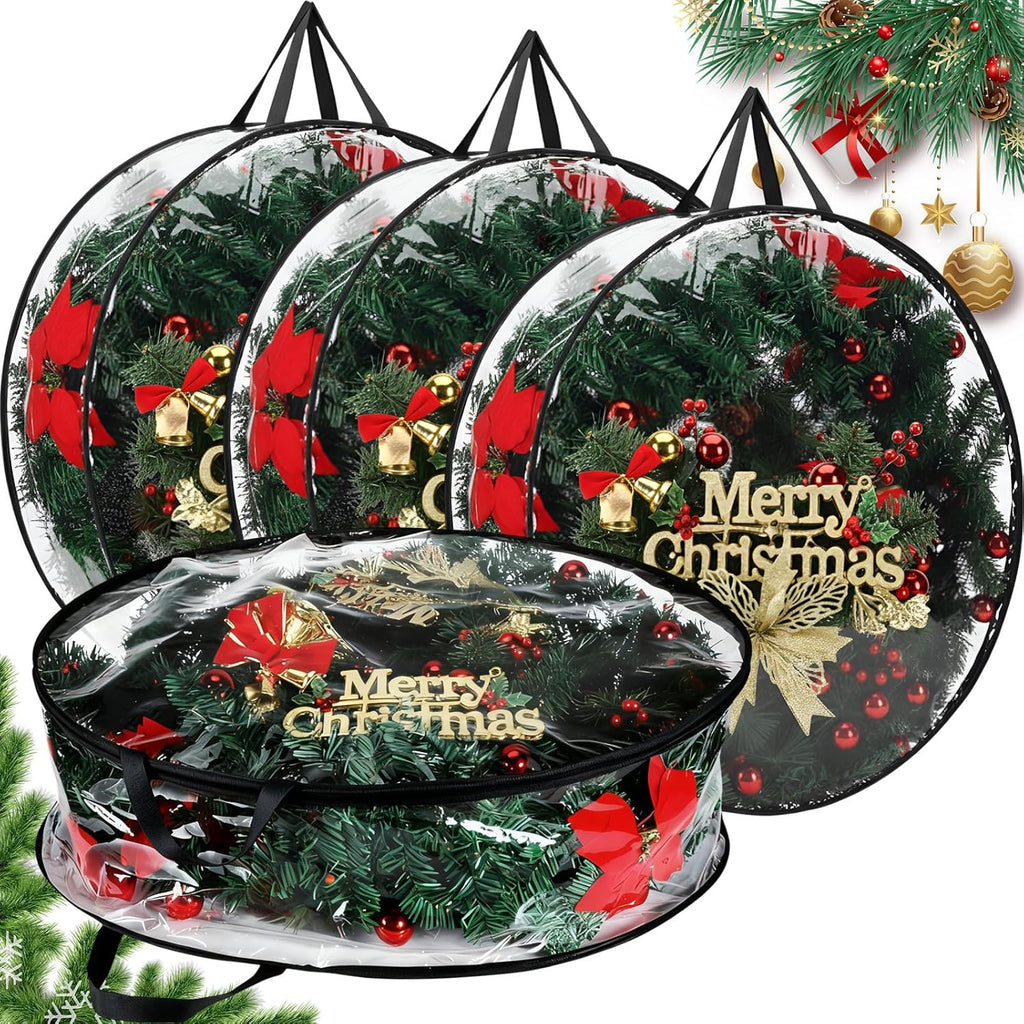 Zhengmy Wreath Storage Bags - 4 Pack Clear Christmas Wreath Containers with Handles & Dual Zippers | Black