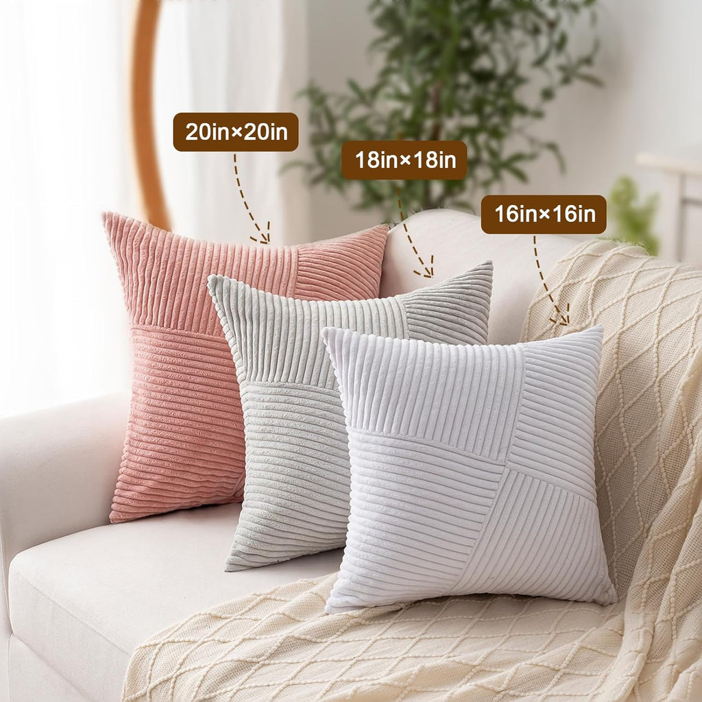 Skiennix Decorative Throw Pillow Covers - Soft Corduroy Striped Patchwork | 18x18 Inch Set of 2 for Boho Farmhouse Decor