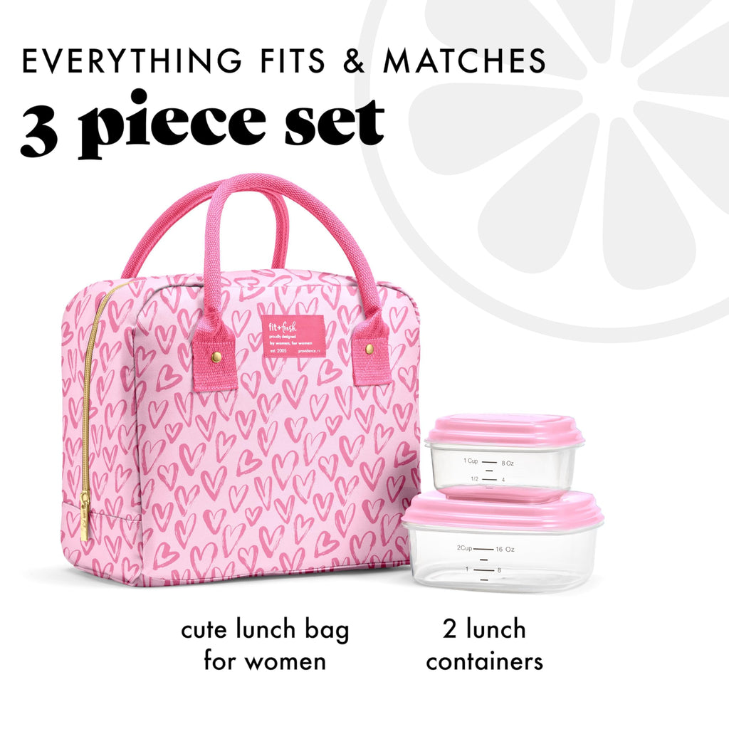 Fit & Fresh Bloomington Lunch Bag for Women - Insulated Large Lunch Box for Work with Containers, Leak-Resistant, Stain-Resistant, Zipper Closure, Pink Doodle Hearts