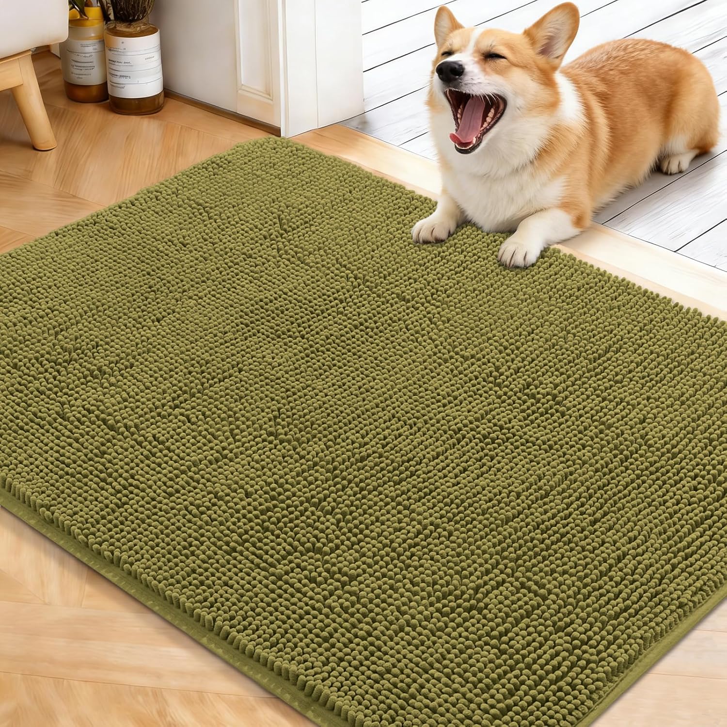 OLANLY Dog Door Mat - Absorbent Non-Slip Washable Doormat for Muddy Paws | 40x32, Quick Dry Chenille, Willow Green