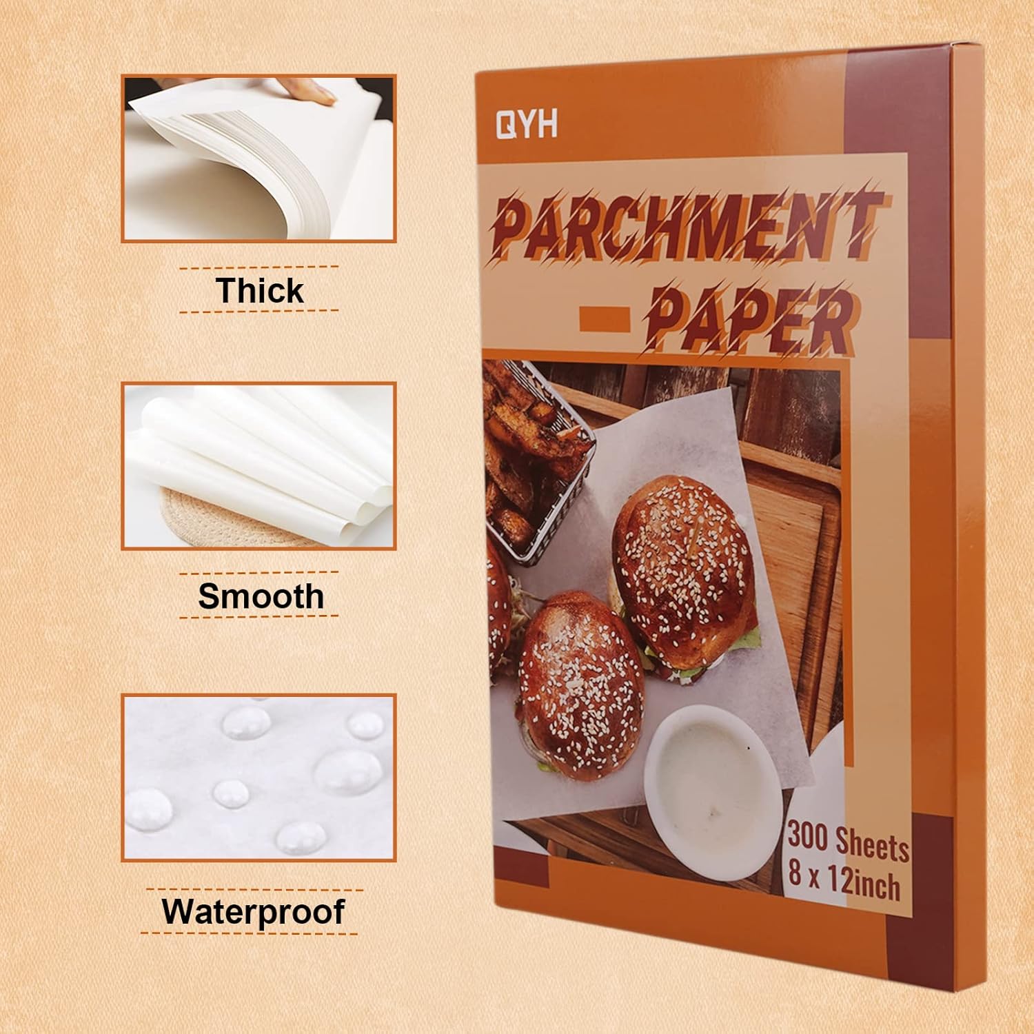 QYH Parchment Paper Baking Sheets - 300 Non-Stick Pre-Cut 8x12 Inch White Sheets for Baking & Grilling
