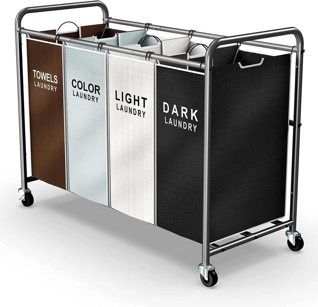 ROMOON Laundry Hamper Cart - 4-Section Organizer with Lockable Wheels & Removable Bags | 180L Rolling Basket for Small Spaces (Multicolor)