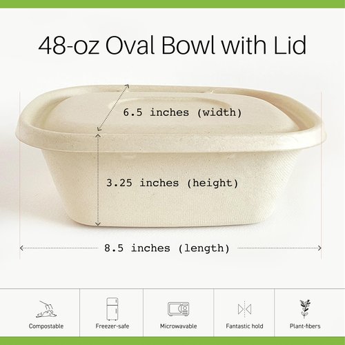 SugaWrap Disposable 48oz Food Containers with Lids (200 Bowls + 200 Lids) Eco-Friendly Biodegradable Bamboo & Sugarcane, Sturdy & Leak Resistant, Freezer & Microwave Safe for Hot & Cold (48 oz)