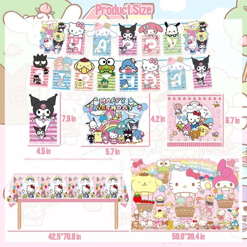 Kawaii Birthday Decorations, Cute Party Favors, Party Supplies Set Include Banner, Foil Balloons, Tablecloth, Backdrop, Cake Toppers.