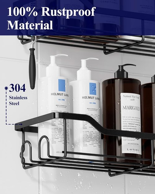 Kitsure Shower Caddy | Large Adhesive Organizer - Stainless Steel Shelf for No-Drill Bathroom Storage, 2 Pack, Black