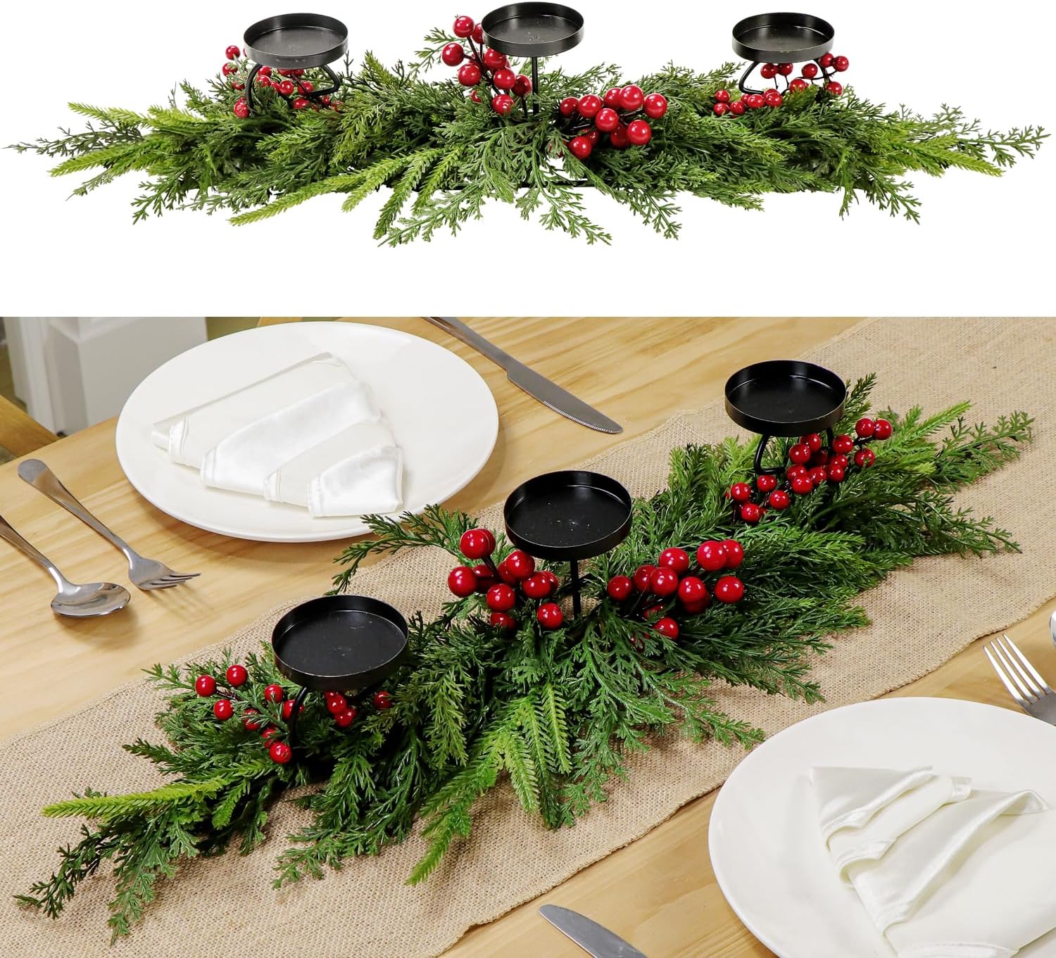 Regine Switzerland Rustic Christmas Candle Holder - 3 Tray Design with Norfolk Pine & Red Berries | 40cm Holiday Centerpiece