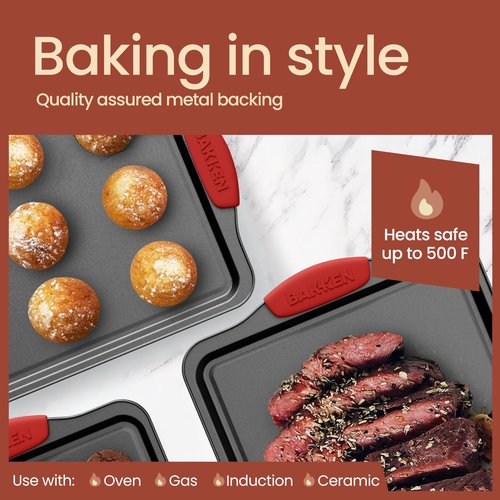 BAKKENMASTER 18-Piece Kitchen Oven Baking Set: Nonstick Gray Marble Coating, Carbon Steel Bakeware, Silicone Handles, Dishwasher Safe, Professional Quality, PFOA-Free