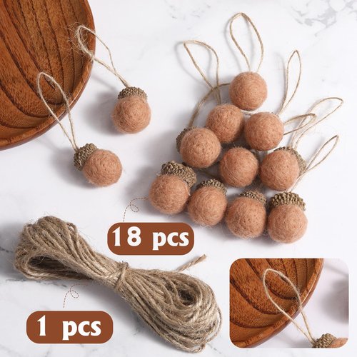 Boao 18 Pcs Felt Acorn Ornaments Christmas Thanksgiving Wool Pom Acorn Ball Decor Hanging Pine Cone Garland with 32.8 ft Rope for Fall Tree Woodland Farmhouse Mantel Wall Decor