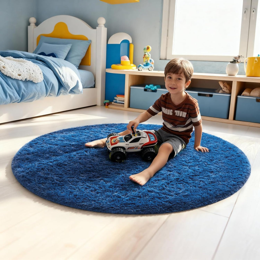 Ophanie Blue Round Rug - 4Ft Plush Circle Area Rug for Boys Room | Soft Shaggy Carpet Decor