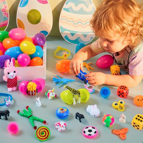 JOYIN 50 Pcs Prefilled Easter Eggs with Toys, 48 Bright Colorful and 2 Pcs Gold Filled Plastic Eggs with Toys for Easter Eggs Hunt Filler, Basket Stuffer, Party Favors