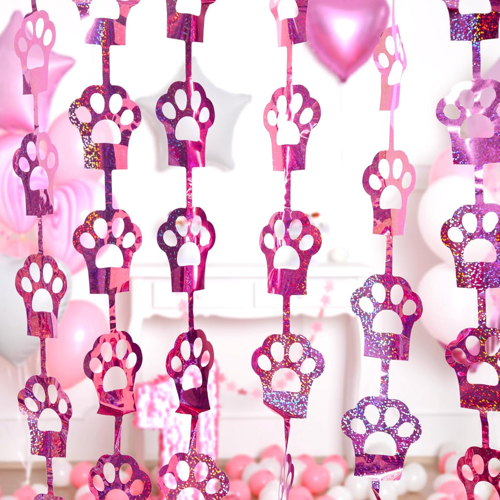 MENSTARSI Cat Birthday Decorations - 2 Pack Pink Cat Paw Party Supplies | 3.3x6.6 Ft Foil Fringe Curtains & Tinsel Backdrop