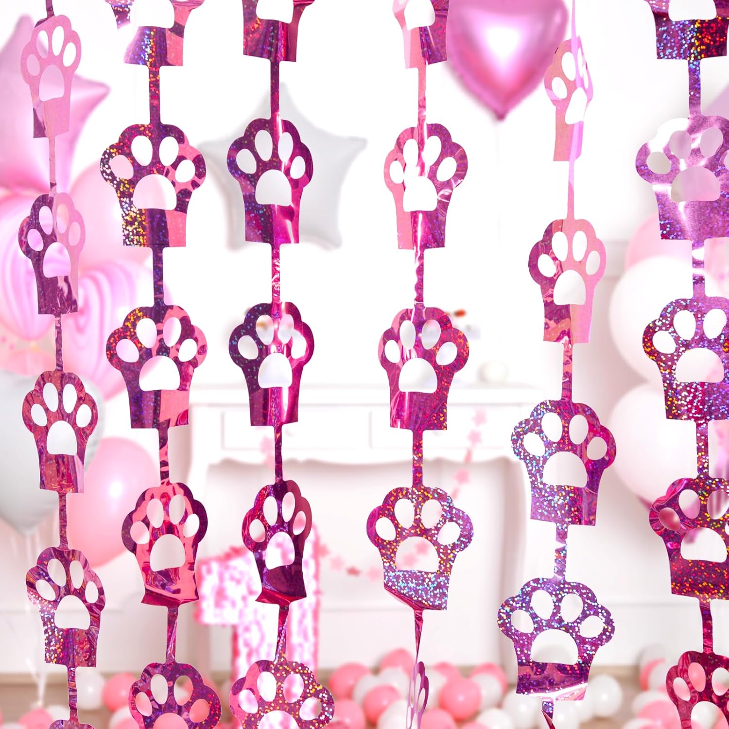 MENSTARSI Cat Birthday Decorations - 2 Pack Pink Cat Paw Party Supplies | 3.3x6.6 Ft Foil Fringe Curtains & Tinsel Backdrop