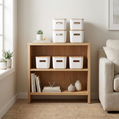 Citylife Storage Bins - Stackable 7QT Plastic Organizer Boxes with Bamboo Lids | 4 PCS, 10" L x 7" W x 5.8" H