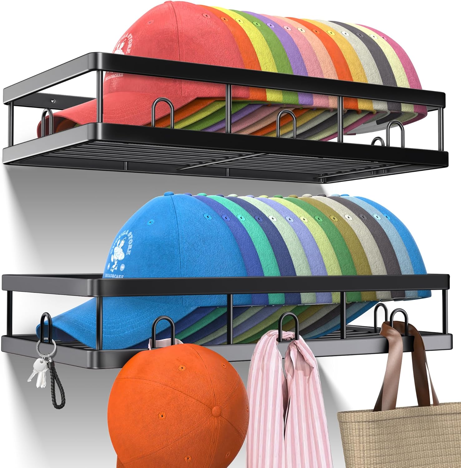 Metal Hat Rack by [Brand Name] - Sturdy Wall Organizer with 40 Hooks for Baseball Caps | Black