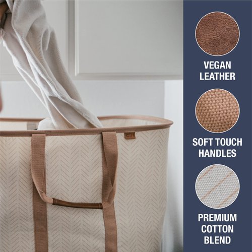 CleverMade Collapsible Laundry Tote 2-Pack (50L) – Foldable Carry-All Storage Bin for Laundry, Car Trunk, RV, Dorm & Home Organization – LUXE Cotton Blend with Vegan Leather Accents, Cream