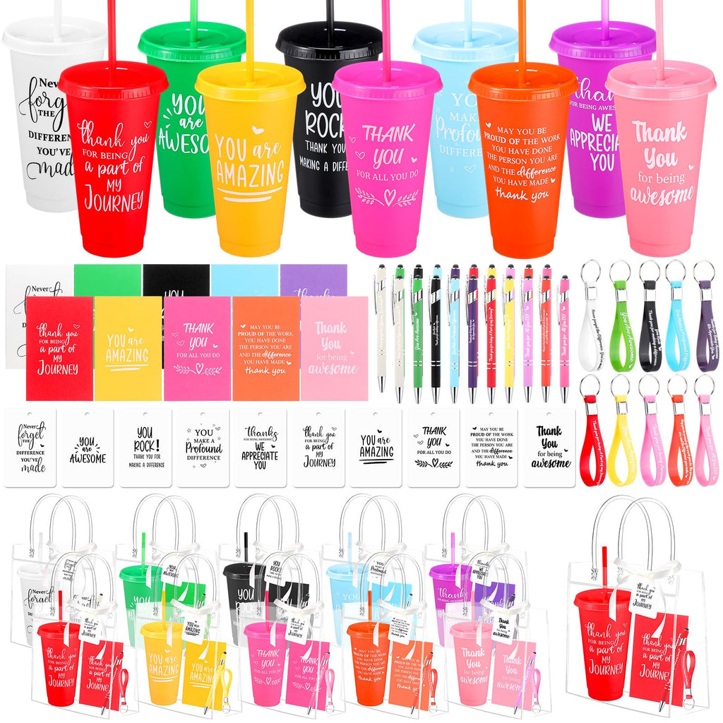Widecook 181 Pcs Employee Appreciation Gifts 24 oz Inspirational Plastic Cups with Lid and Straw Notebooks Ballpoint Pens Keychains PVC Gift Bags Thank You Supplies for Teacher Coworker Staff(Classic)