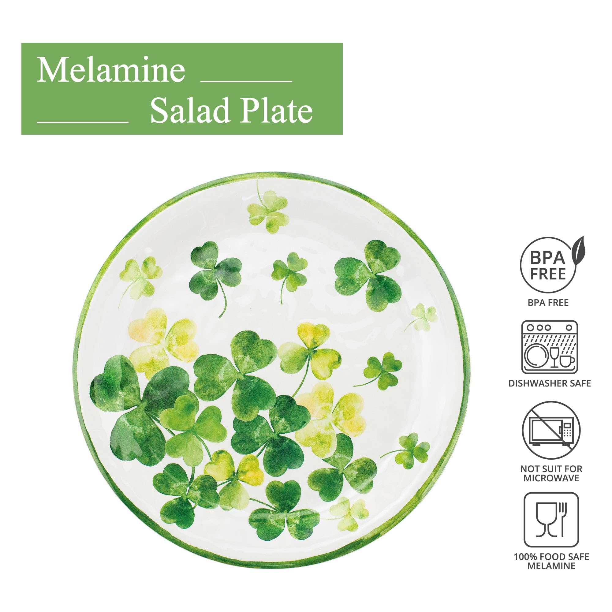 UP UPware Shamrocks Melamine Salad Plate Set, Round Plates for Risotto, Pasta, and Salad, BPA-Free, Dishwasher Safe, Green, 9 Inch, Set of 6