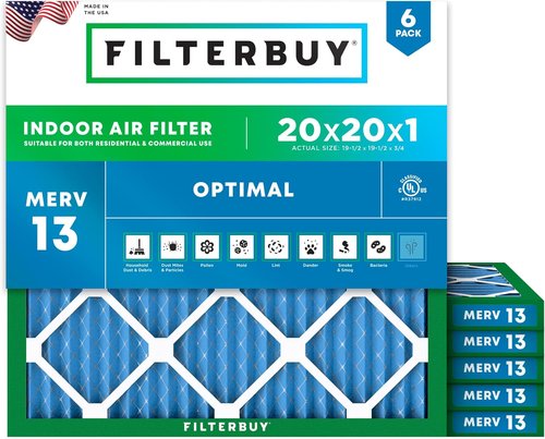Filterbuy 20x20x1 Air Filter - MERV 13 Smoke & Allergy Defense | 6-Pack Electrostatic Pleated HVAC Filters (Actual Size: 19.5 x 19.5 x 0.75)