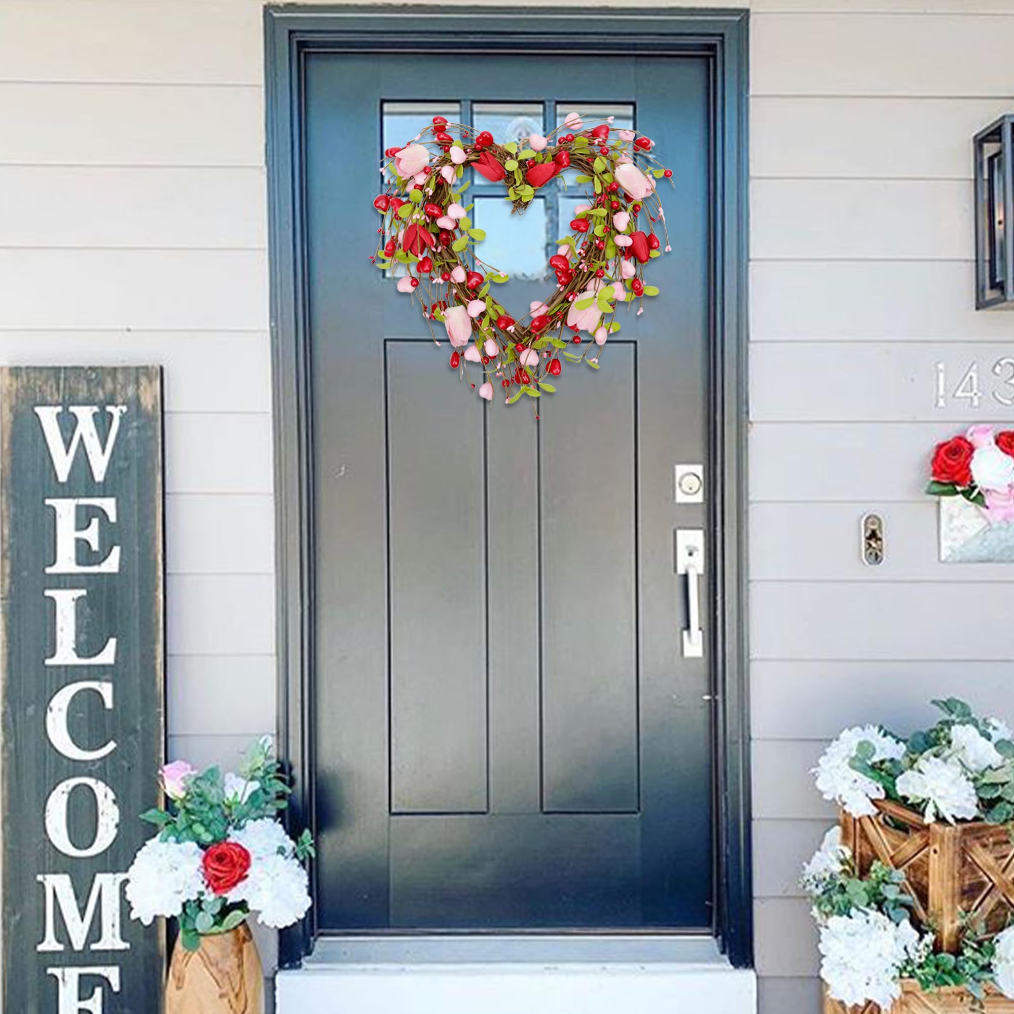 15 Inch Valentine's Day Wreath for Front Door Heart Wreaths Valentine's Day Decorations Pink Tulip Spring Wreath for Valentine's Day Gift Anniversary Wedding Home Decor