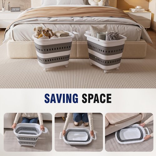 Collapsible Plastic Laundry Basket Hamper with Wheels, 45L Portable Rubber Clothes Basket, Pop Up Storage Container/Organizer with Hanging basket for Washing & Storage, Grey